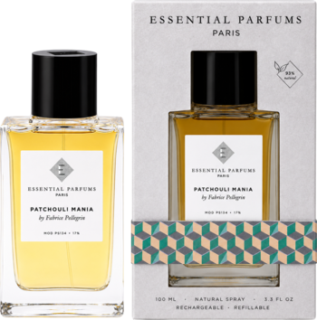 Essential Parfums Patchouli Mania EDP, bursztynowa butelka z czarną nakrętką i białe pudełko z zielono-pomarańczowym wzorem.
