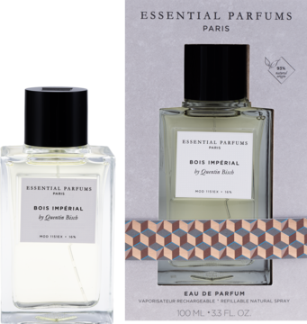 Bois Impérial woda perfumowana Essential Parfums, butelka z czarną nakrętką i szare opakowanie z wzorem.