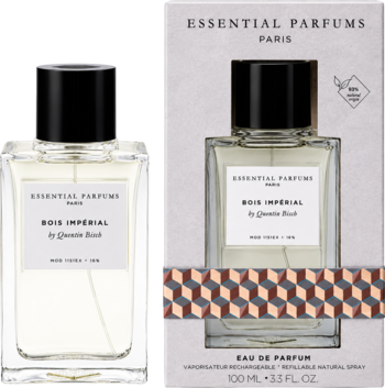 Woda perfumowana Essential Parfums Bois Impérial: butelka i szare pudełko z wzorem, obok siebie.
