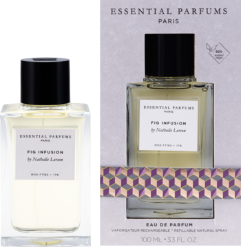 Essential Parfums Fig Infusion, woda perfumowana unisex. Butelka z czarną nakrętką obok fioletowo-szarego opakowania.