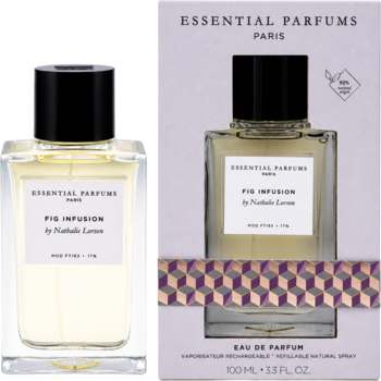 Essential Parfums Fig Infusion EDP, butelka 100ml z czarnym korkiem i pudełko z fioletowym wzorem, widok z przodu.