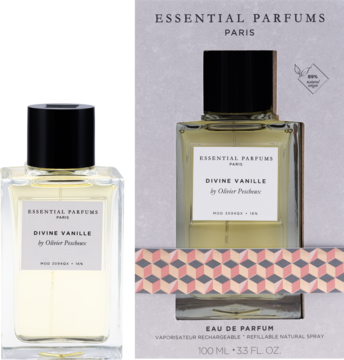 Perfumy Essential Parfums Divine Vanille unisex, butelka z czarnym korkiem, obok białe opakowanie z wzorem.
