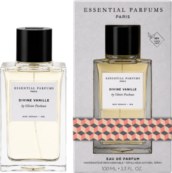 Essential Parfums Divine Vanille 100ml EDP. Przezroczysty flakon obok opakowania z geometrycznym wzorem i waniliowym płynem.