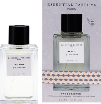 Essential Parfums The Musc Eau de Parfum 100ml, prostokątna butelka z czarnym korkiem i pudełko. Widok z przodu, piżmowy zapach.