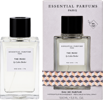 Essential Parfums The Musc, woda perfumowana w przezroczystej butelce z czarnym korkiem i pudełku z wzorem, widok z przodu.