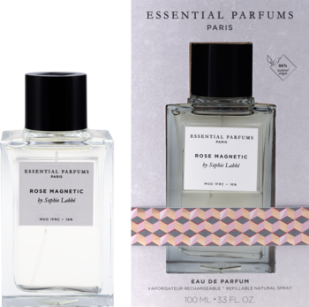 Essential Parfums Rose Magnetic EDP, przezroczysta butelka i różowo-szare pudełko z geometrycznym wzorem, widok pod kątem.