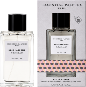 Woda perfumowana Essential Parfums Rose Magnetic: szklana butelka i białe pudełko z geometrycznym wzorem.