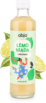 Abjo Lemoniada Limonka w szklanej butelce. Jasnozielona etykieta z tańczącą postacią i plasterkami limonki.
