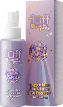 Mgiełka Fluff Born to Party do ciała i włosów, fioletowa butelka z brokatem obok opakowania z kulą disco.