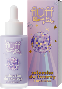 Fioletowe mleczko Fluff Born to Party z brokatem do twarzy w butelce z pompką i pudełku z disco kulą.