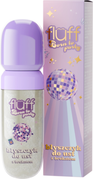 Fluff Born to party błyszczyk do ust z brokatem, fioletowa butelka i pudełko z motywem disco. Widok z przodu.