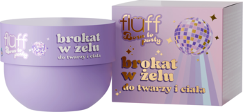 Fioletowy słoiczek Fiuff z brokatem w żelu do twarzy i ciała, z połyskującą etykietą, widok z przodu.