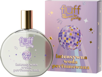 Fluff Disco Party intensywna woda perfumowana: okrągła butelka z atomizerem i fioletowe pudełko z disco kulą.