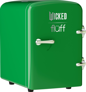 Jasnozielona lodówka turystyczna Wicked Flaff, styl retro, z błyszczącym chromowanym uchwytem, widok z przodu.