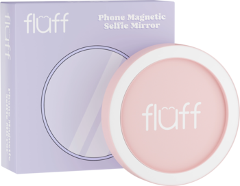 Różowe, okrągłe lusterko magnetyczne flaff do selfie, częściowo w fioletowym pudełku.