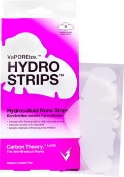 Różowo-białe pudełko Carbon Theory VaPOREize Hydro Strips, 8 hydrokoloidowych plastrów na nos, widok z przodu, z widocznymi plastrami.