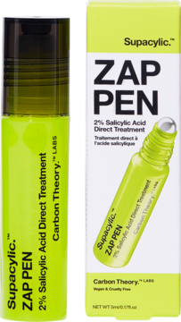 Carbon Theory Supacylic Zap Pen, 2% Salicylic Acid, zielony roll-on i białe opakowanie produktu, widok z przodu.