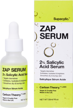 Carbon Theory Zap Serum 2% Salicylic Acid w butelce i pudełku, biało-zielona etykieta, widok z przodu.