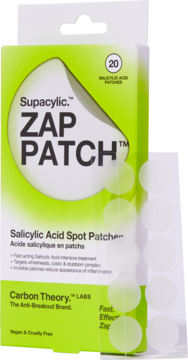 Zielone opakowanie Supacylic Zap Patch z kwasem salicylowym na wypryski, z białym owalem. Widoczne plastry. Widok z przodu.