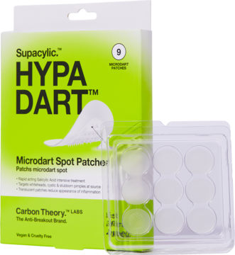 Carbon Theory Supacylic Hypa Dart, zielone pudełko z plastrami microdart na wypryski, widoczne 9 przezroczystych plastrów.