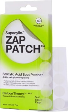 Carbon Theory Supacylic Zap Patch, zielono-białe opakowanie z 40 plastrami z kwasem salicylowym, widok z przodu.