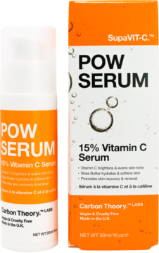 Serum Carbon Theory SupaVIT-C Pow z 15% witaminą C w białej butelce i pomarańczowym pudełku, widok z przodu.