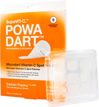 Pomarańczowe opakowanie Carbon Theory SupaVIT-C Powa Dart oraz przezroczysta tacka z 9 białymi plastrami microdart.