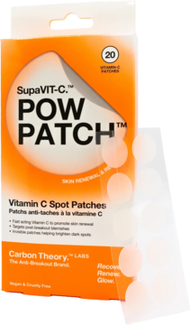 Carbon Theory SupaVIT-C POW PATCH Vitamin C Spot Patches. Pomarańczowe pudełko z 20 przezroczystymi plastrami.