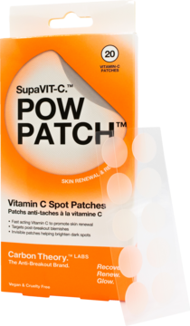 Carbon Theory SupaVIT-C Pow Patch: pomarańczowe opakowanie 20 plastrów z witaminą C na przebarwienia, ujęcie z przodu.