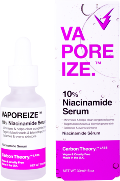 VAPOREIZE 10% Niacinamide Serum Carbon Theory: biała butelka z różową etykietą, obok pudełka, zwalcza zaskórniki.
