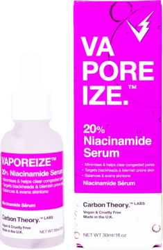 Biała butelka serum VAPOREIZE 20% Niacinamide z kroplomierzem oraz różowe opakowanie Carbon Theory. Widok z przodu.