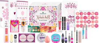 ESSENCE XMAS Treasure Box,kalendarz adwentowy z kosmetykami do makijażu i akcesoriami kosmetycznymi, 24 elementy,kompozycja-2