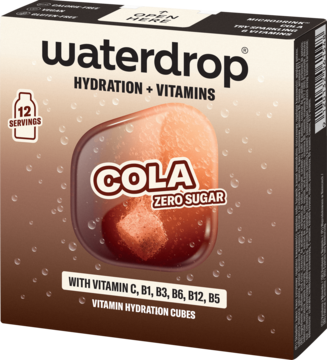 waterdrop Cola Zero Sugar hydration cubes w ciemnobrązowym pudełku, z dużą kostką coli na froncie, widok z przodu.