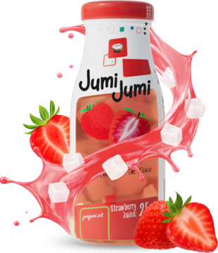 Jumi Jumi Strawberry Juice z Nata de Coco w butelce, otoczone rozpryskującym truskawkowym płynem i białymi kostkami nata.