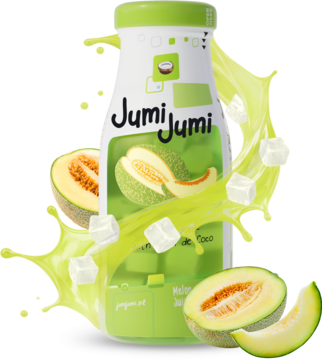Butelka napoju melonowego Jumi Jumi, biało-zielona, z plastrami melona i nata de coco w zielonym splashu.