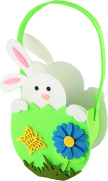 Zielony filcowy koszyk wielkanocny w kształcie jajka, z białym króliczkiem wyglądającym z góry. Ozdobiony motylem i kwiatkiem.