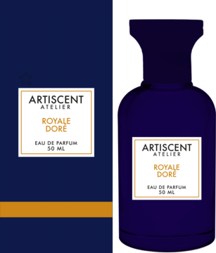 Perfumy ARTISCENT ATELIER Royale Dore, butelka i granatowe pudełko ze złotym paskiem, widok z przodu.