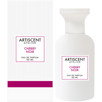 ARTISCENT ATELIER Cherry Noir perfumy 50 ml, biały flakon i pudełko z różowymi detalami, widok z przodu.