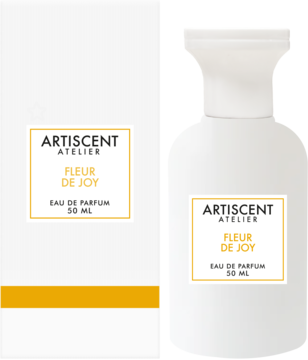 Białe perfumy ARTISCENT ATELIER FLEUR DE JOY 50 ML z białą butelką i pudełkiem z żółtym akcentem, widok z przodu.