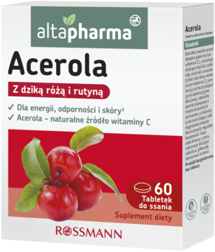 Front pudełka altapharma Acerola z dziką różą i rutyną, 60 tabletek do ssania, białe z czerwoną etykietą i owocami.