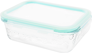 Przezroczysty szklany prostokątny pojemnik na żywność z miętową plastikową pokrywką, widok z góry pod kątem.