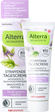 Dwie tuby Alterra NATURKOSMETIK straffende TAGESCREME, Bakuchiol & Peptyd, białe opakowanie z grafiką ziół.
