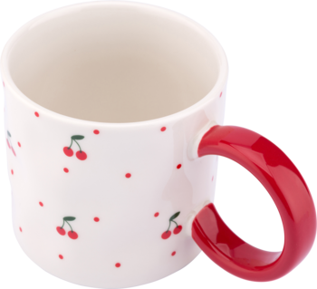 Biały ceramiczny kubek z czerwonym uchwytem i wzorem w wisienki i kropki, widok z góry i boku.