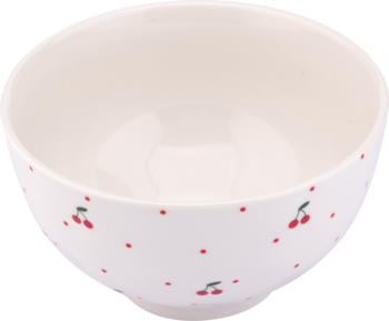 Biała porcelanowa miska z uroczym wzorem czerwonych wiśni i kropek, widok pod kątem na wnętrze.
