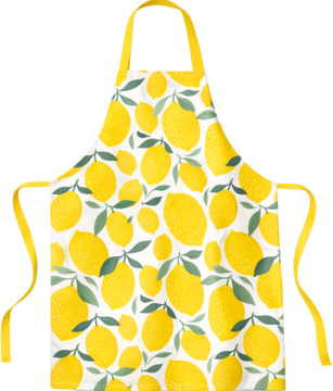 Fartuch kuchenny z wzorem cytryn i liści, biały, z żółtymi troczkami, pełny widok z przodu.