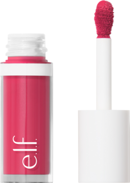 e.l.f. Camo róż w płynie Comin' In Hot Pink: otwarta przezroczysta fiolka i wyciągnięty aplikator.
