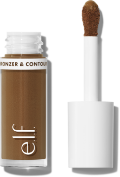 Butelka e.l.f. Camo Bronzer w płynie Medium z białym wieczkiem, obok precyzyjny aplikator, na białym tle.