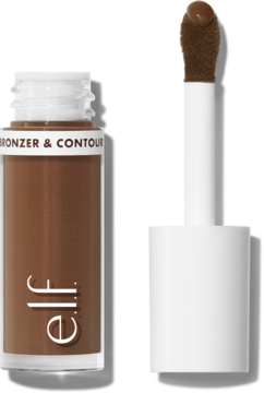 e.l.f. Camo Bronzer w płynie Tan Deep. Otwarta brązowa butelka z białym aplikatorem obok, dla naturalnego wykończenia.