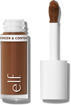 e.l.f. Camo Deep płynny bronzer do konturowania w otwartej butelce. Widoczny aplikator z brązowym produktem.