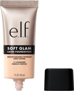 e.l.f. Soft Glam Satin Foundation Fair Cool, beżowa tubka, widok z przodu, czarna nakrętka obok.
